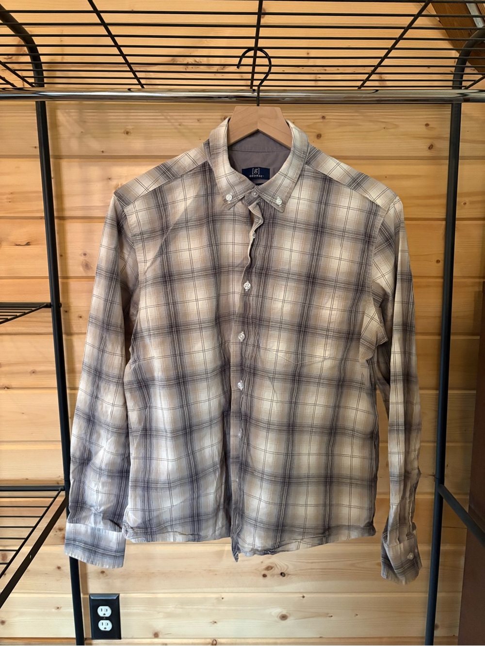 Men's Button-Down Plaid Shirt in Beige and Gray